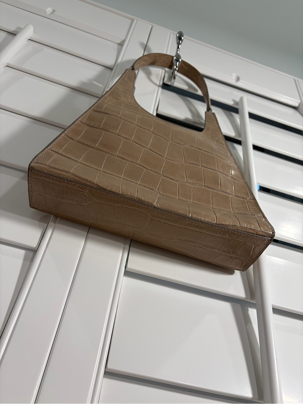 STAUD Mini Rey Taupe Croc-Embossed Top-Handle Bag - Picture 3 of 12